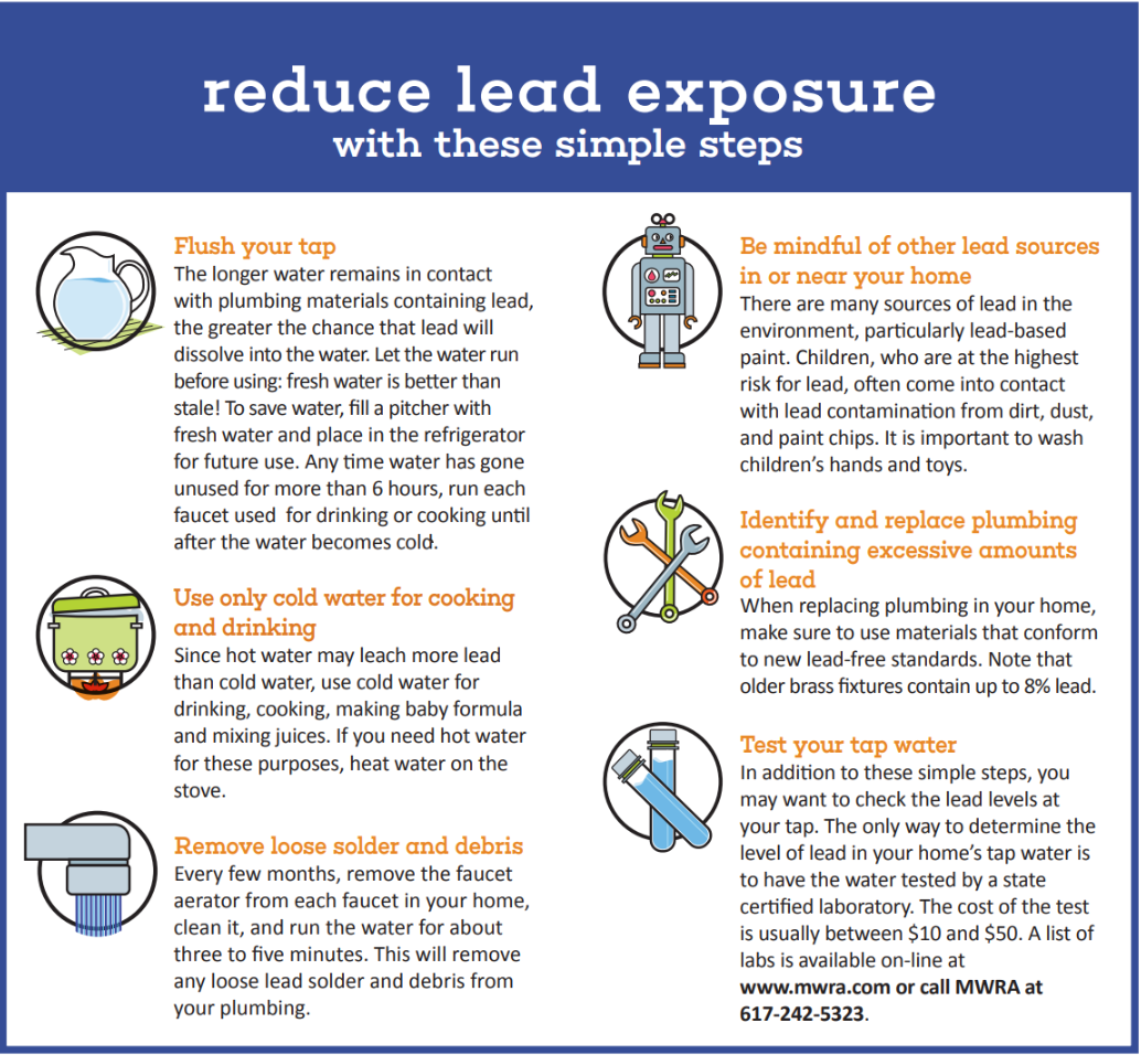 Reduce lead exposure by running the tap to flush it, using cold water, cleaning aerators, and testing/replacing plumbing.